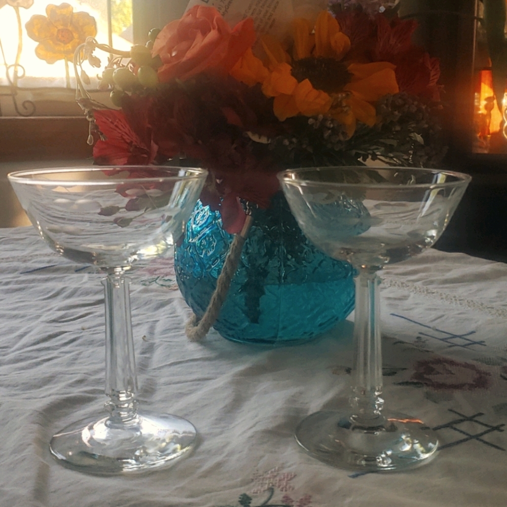 2 Vintage Dessert/Champagne Etched Glasses